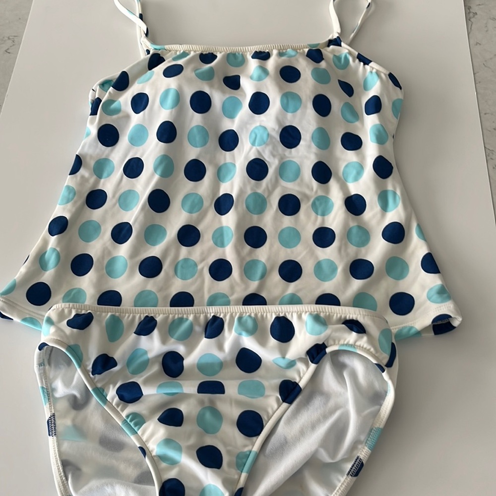 Two tone blue and white polka dot two piece swimsuit